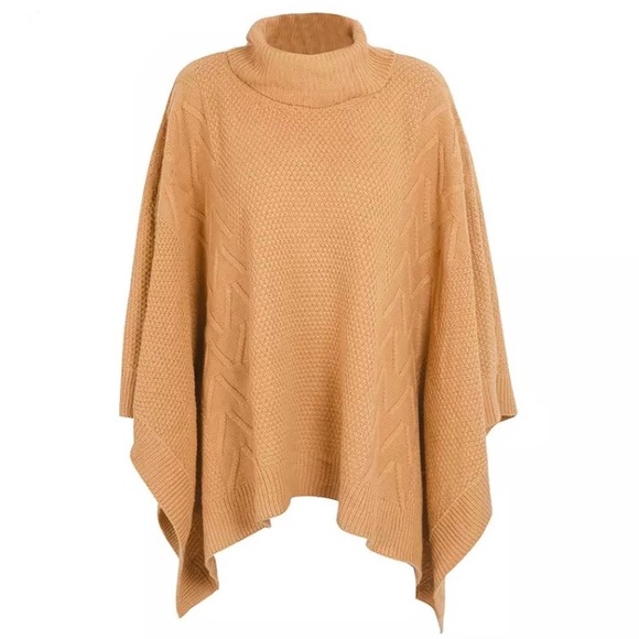 CLEARANCE Camel Textured Turtleneck Sweater Knit Cape - Picture 3 of 3